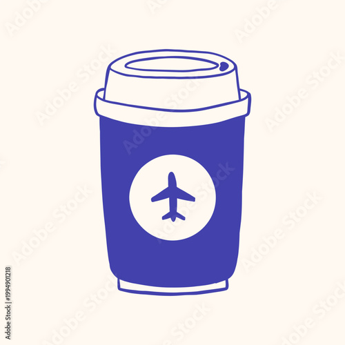Vector mediterranean navy blue hand drawn outline sketch monochrome doodle travel coffee cup with airplane logo on mug and lid. Hot takeaway drink for flight, vacation and airport theme.
