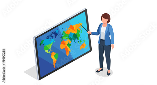 Isometric Illustration of a Professional Woman Presenting a Colorful Geometric World Map on a Large Digital Screen, Global Business and Education Concept