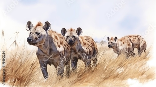 A Pack of Hyenas Moving Across Tall Grass Under a Clear Sky