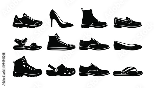 Vector collection of shoe silhouettes on transparent background.