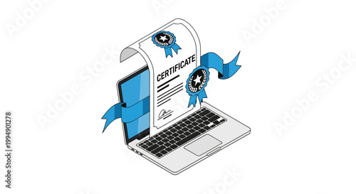 Online Certificate Illustration, Laptop E-Learning Achievement with Blue Ribbon and Digital Diploma