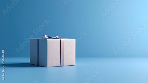 Wrapped gift box with shiny ribbon on blue background