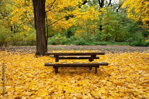 Picnic Table in a Yellow Leaf Forest During Autumn Afternoon Light