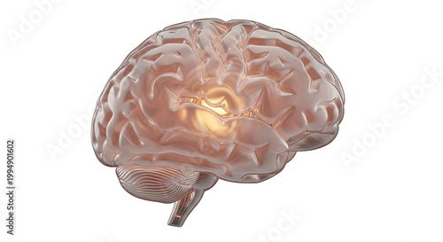 A detailed illustration of a human brain with a glowing light inside