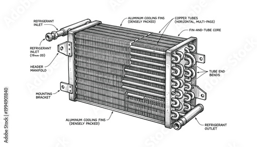 Vector illustration of heat exchanger with labels on transparent background.