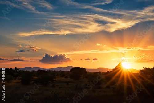 Sunrise Over Ancient Temples in Bagan, Myanmar Creates Warm Glow and Soft Sha...