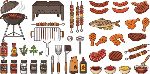 Comprehensive collection of barbecue grill equipment, fresh food ingredients, assorted meat, spices, and cooking tools illustration set
