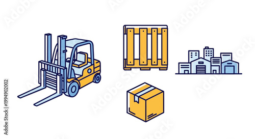 Yellow Forklift Moving A Cardboard Box.