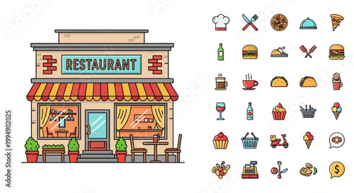 Colorful Restaurant Storefront Icon Illustration.