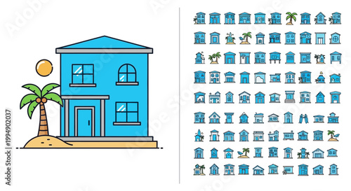 Blue house with palm tree beside.