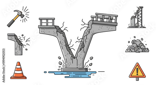 Cracked road bridge with warning signs.