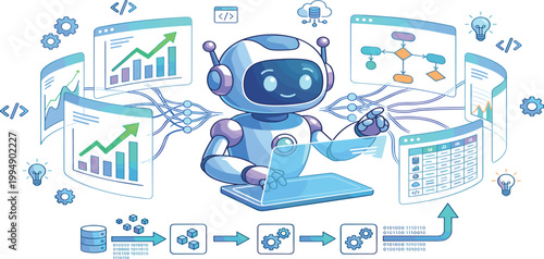 Cute robot working on artificial intelligence, data analytics, software development, and automation process, digital technology concept illustration.