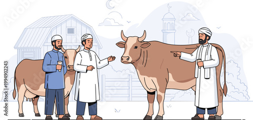 Muslim Farmers Discussing Cow in Front of Barn with Islamic Background for Rural, Agriculture, and Farming-Themed Designs