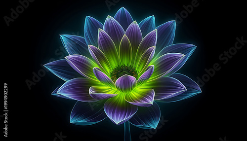 Glowing Neon Lotus Bloom in Vibrant Purple and Green