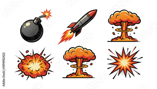 Explosion icons bombs rockets and nuclear clouds vector set illustration transparent background war and destruction theme.