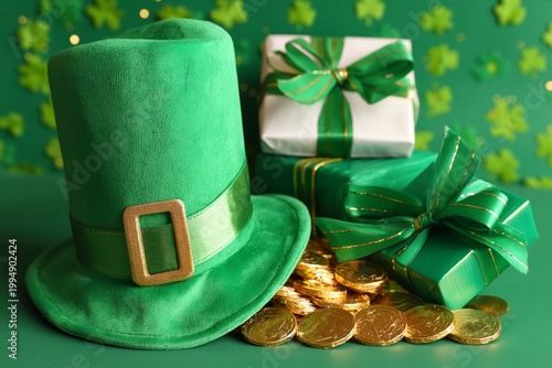 Celebration of St Patricks Day With Green Hat, Coins, and Gift on a Bed of Sh...