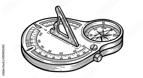 Vintage hand-drawn sundial compass with intricate details for navigation and timekeeping