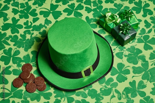 Green Hat and Gifts on a Table With Shamrocks and Gold Coins for a Festive Oc...