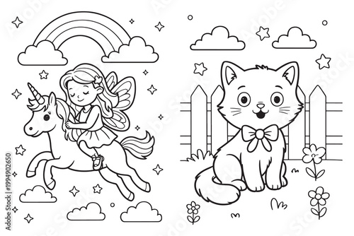 Fairy Unicorn and Cute Cat Coloring Pages for Kids - Line Art Vector Set