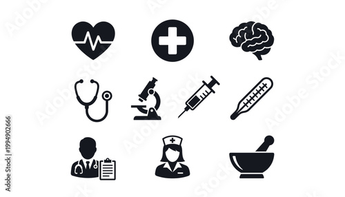 Medical icons vector set transparent background heart beat cross brain stethoscope microscope syringe thermometer.