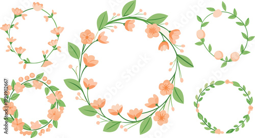 Collection of delicate floral wreaths and frames with soft peach blossoms and green leaves. 