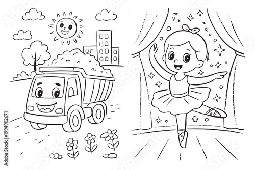Kids Coloring Page Bundle Featuring Cartoon Dump Truck and Cute Ballerina Girl