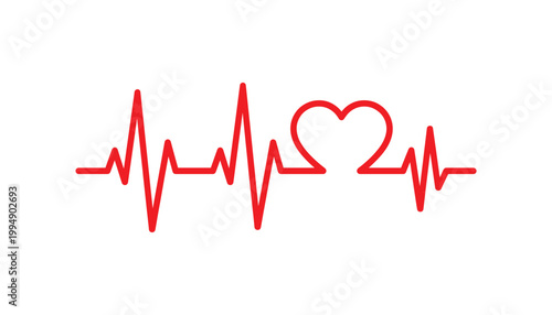 Red heartbeat line and heart shape vector illustration transparent background cardiology medical electrocardiogram.