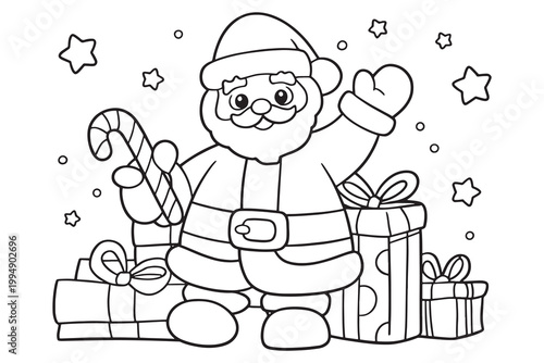 Santa Claus Coloring Page with Christmas Gifts and Candy Cane Vector Art