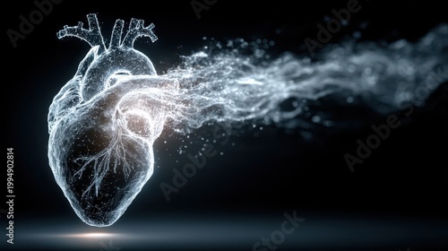 Glowing human heart dissolving into digital particles and light waves on dark background