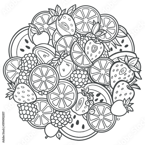 Hand drawn fruit assortment line art vector, citrus berries composition