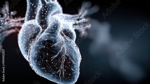 Human heart with glowing wireframe polygon network structure on dark blue background