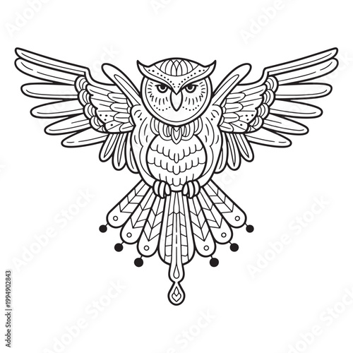 Decorative Owl with Spread Wings - Ornamental Tribal Vector Illustration