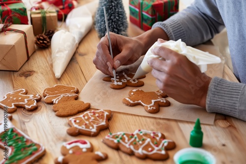 Baking Holiday Cookies With Icing in a Cozy Kitchen During Winter