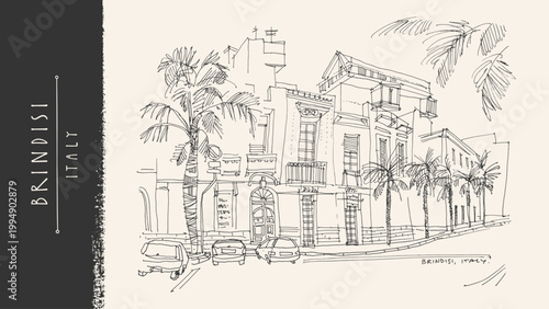Italy Brindisi Puglia sketch postcard. Adriatic city summer travel poster. Vintage watercolor vector illustration, Apulian architecture, romantic palm tree landscape, white houses cityscape background