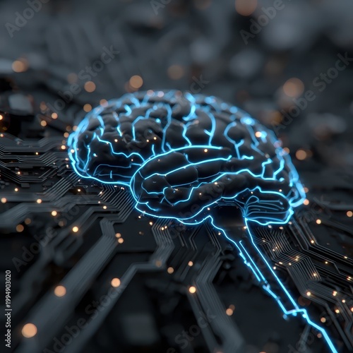 Glowing blue brain circuit pattern side view on dark circuit board background artificial intelligence concept
