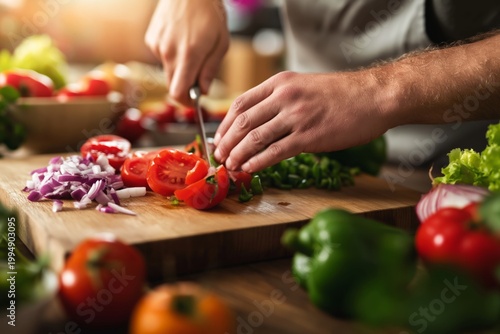 Hands Cut Fresh Vegetables on a Wooden Board in a Kitchen With Colorful Ingre...