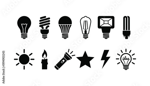 Light source icons set including sun candle flashlight and idea bulb vector transparent.