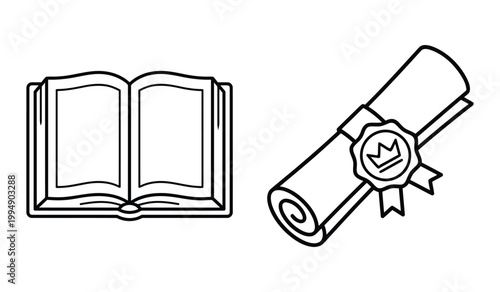 Educational and legal concept icons with open book and award diploma scroll with seal education certificate knowledge learning