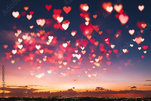 Colorful Heart Shapes Fill the Sky at Sunset Over the City Skyline in a Vibra...
