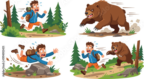 Scared Hiker Running Away from Angry Grizzly Bear Character Set Featuring Dangerous Wildlife Encounter Scenes and Forest Safety Warning Illustrations