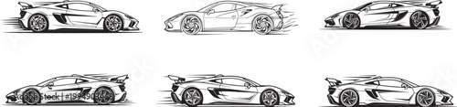 Sports cars in motion are depicted in a series of black and white side profile sketches.
