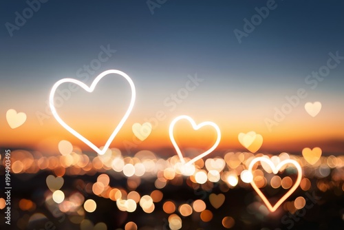 Bright Hearts Appear in the Night Sky Over a City During Sunset With Colorful...