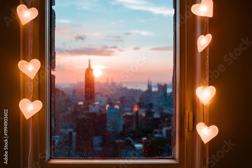 View From a Window With Heart Lights Overlooking the City at Sunset