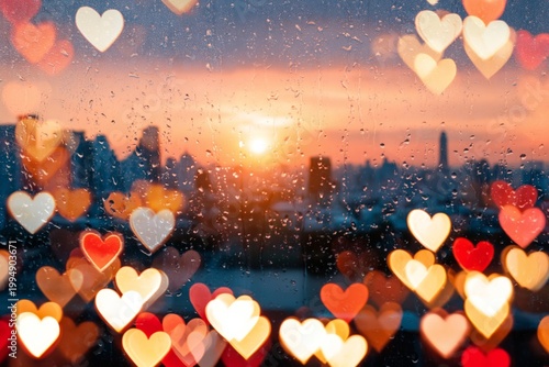 Window View of City Skyline at Sunset With Rain and Heart-Shaped Bokeh Lights...