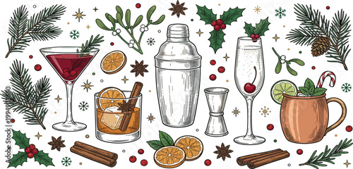 Festive holiday cocktail collection with bartending tools, winter ingredients, and Christmas decorations vector illustration set