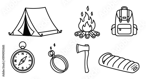 Camping icons featuring tent campfire backpack compass and outdoor gear