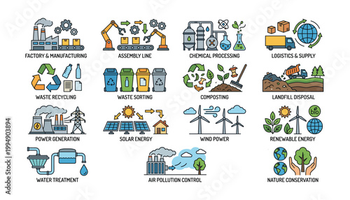 Set of industry and environment icons on transparent background vector illustration.