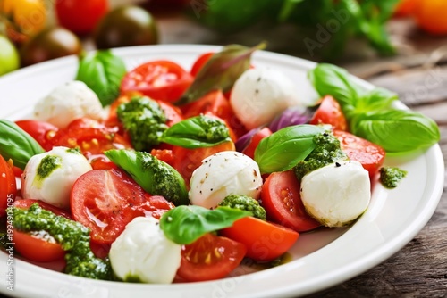 Fresh Mozzarella and Tomato Salad Served on a White Plate With Basil and Pest...