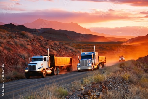 Trucks Travel on a Dirt Road During Sunset Near Mountains With Clouds in the Sky
