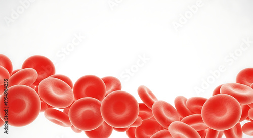 A medical illustration of red blood cells in a stream against a white background